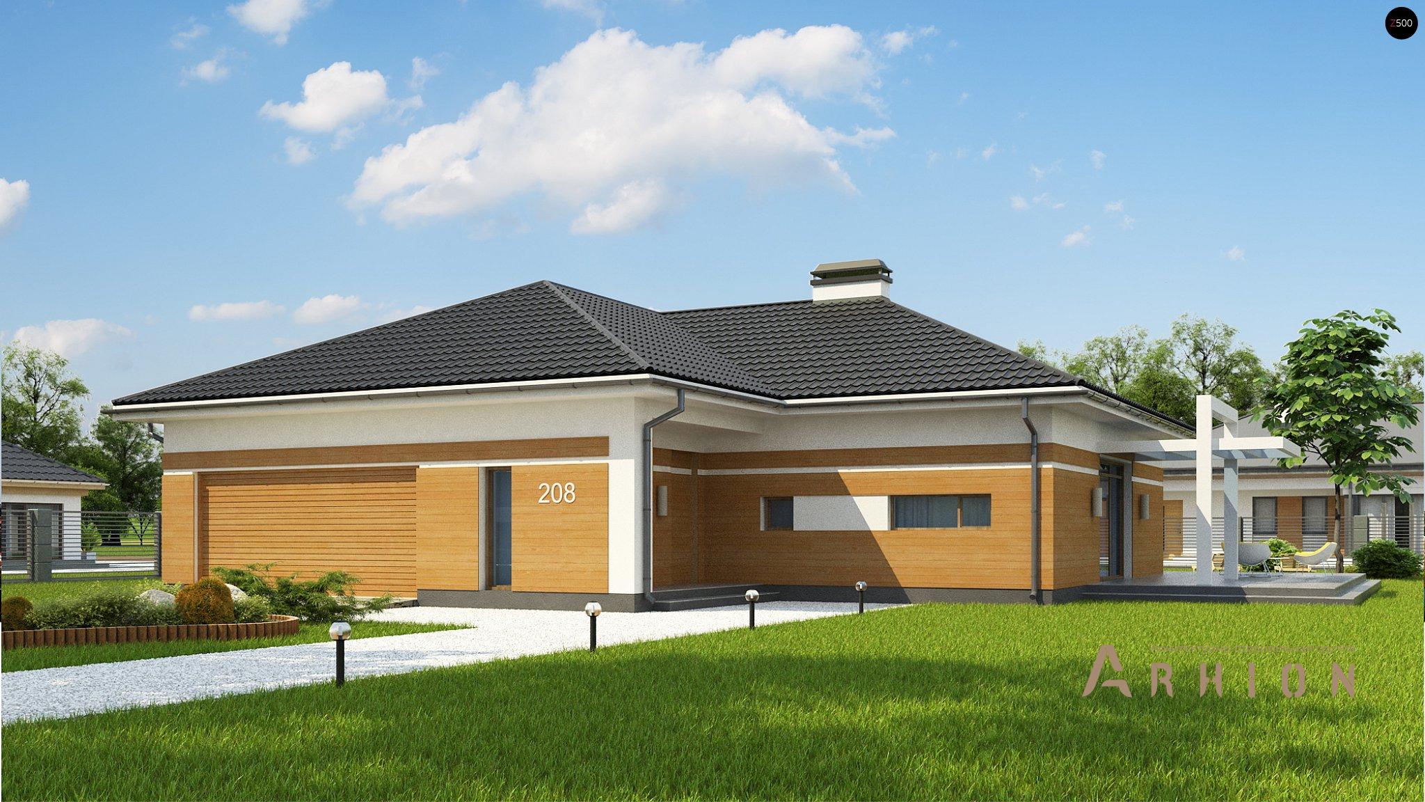 1. Проект одноэтажного дома в современном стиле с четырехскатной, Z208 A, площадью - 153 кв c терассой, гаражом